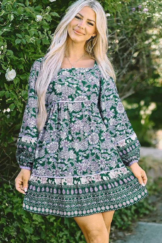 Blue Zone Planet |  Green Floral Print Piping Trim Bubble Sleeve Square Neck Dress Tunics Sophisticated sleek