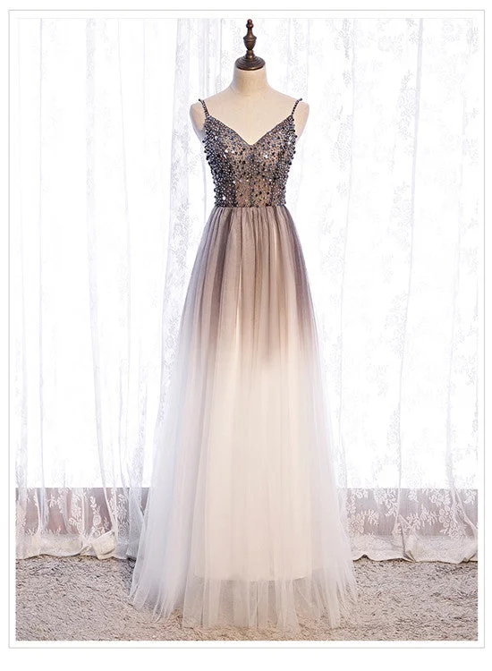 Gradient Tulle Beaded Long Party Dress, A-line Tulle Straps Formal Dress Tunics Winter warm