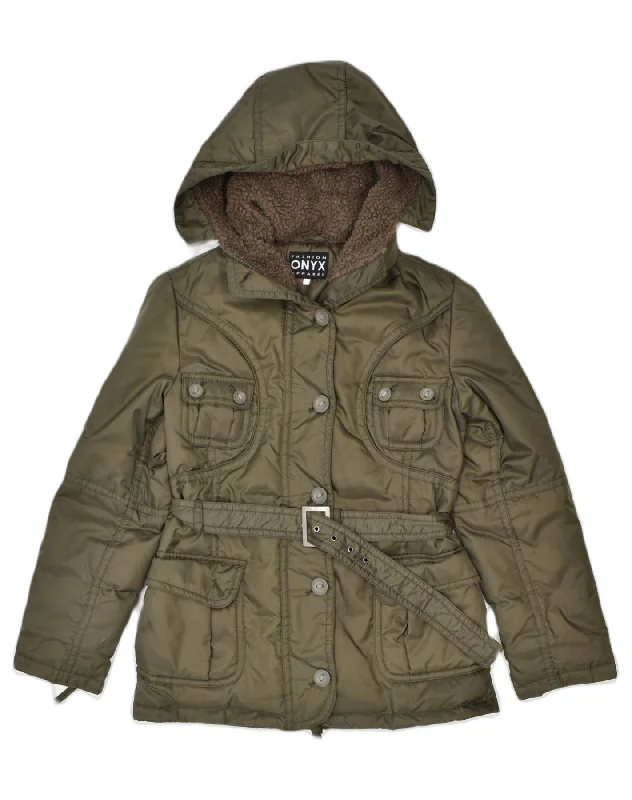 ONYX Womens Hooded Utility Jacket UK 12 Medium Khaki Nylon Classic Fleece Fabric Down Fabric Feather Fabric