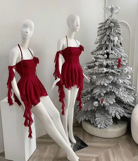 Red Off Shoulder Halter Ruffles Sheath Short Party Dress, DP3113 Shift Classic Vintage