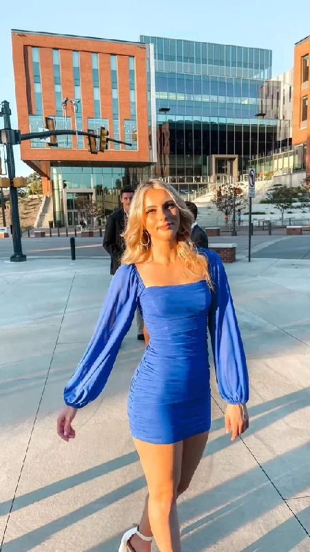 Royal Blue Long Sleeves Short Party Dress Homecoming Dress, DP3086 Crew Neckline Sporty