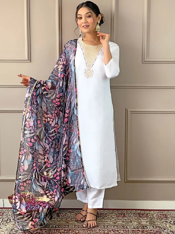 Women Round Neck Embroidery Rayon Blend Fabric Kurta & Pant With Dupatta Set - Taantav Classic Flared Pants