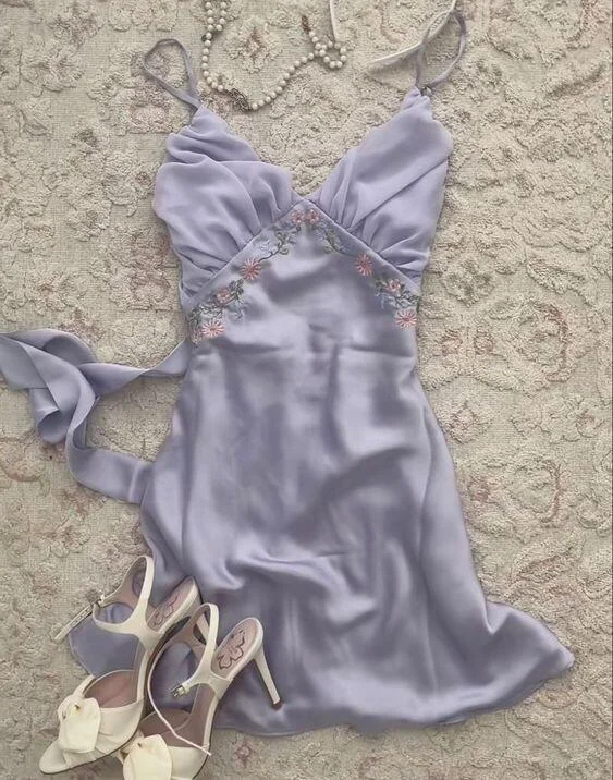 Light Lilac V Neck Lovely Homecoming Dress Short Party Dress, DP3167 High-Low Hemline Casual