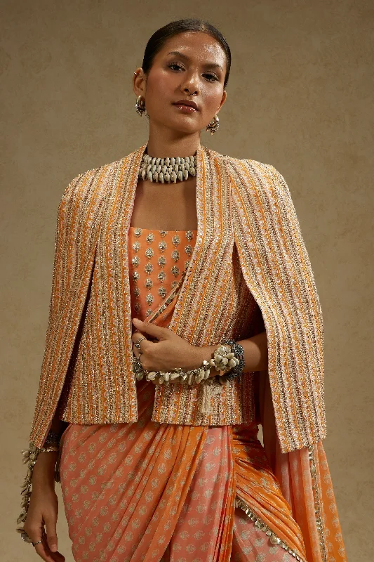 ORANGE PINK OMBRE PRINT CASCADE SAREE WITH BUSTIER & EMBELLISHED NOOR JACKET Belted Jacket Elasticated Jacket Padded Jacket