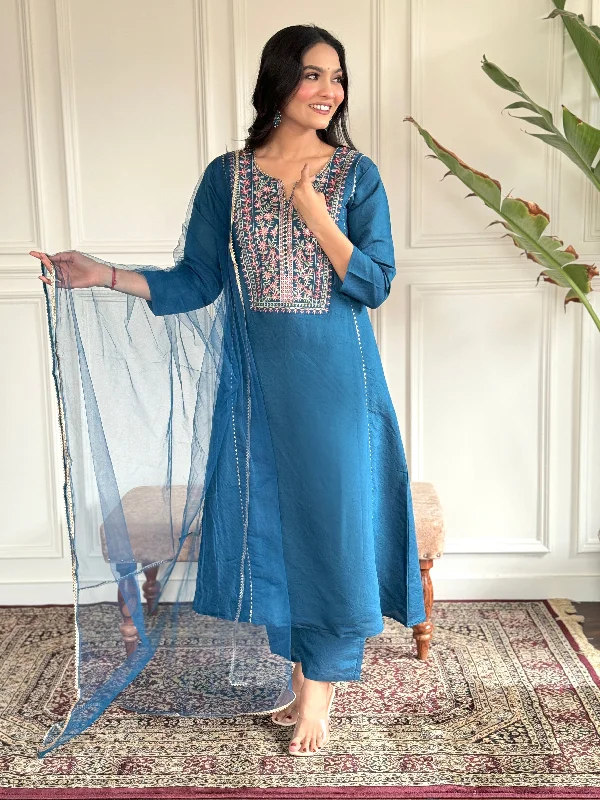 Women V Neck Embroidered Work, Chanderi Fabric With Cotton Lining Kurta & Pant With Dupatta Set - Taantav Formal Linen Trousers