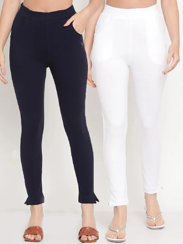 TAG 7 Women Pack of 2 Navy Blue & White Solid Kurti Pants Comfy Cargo Trousers