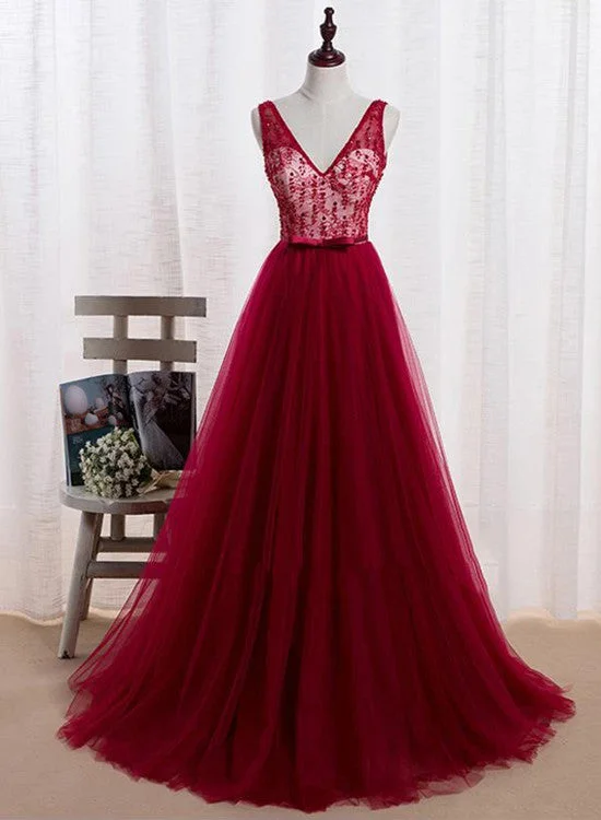 Wine Red Tulle V-neckline Floor Length Formal Gowns, Tulle Party Dress, Formal Gowns Tunics Party sparkling