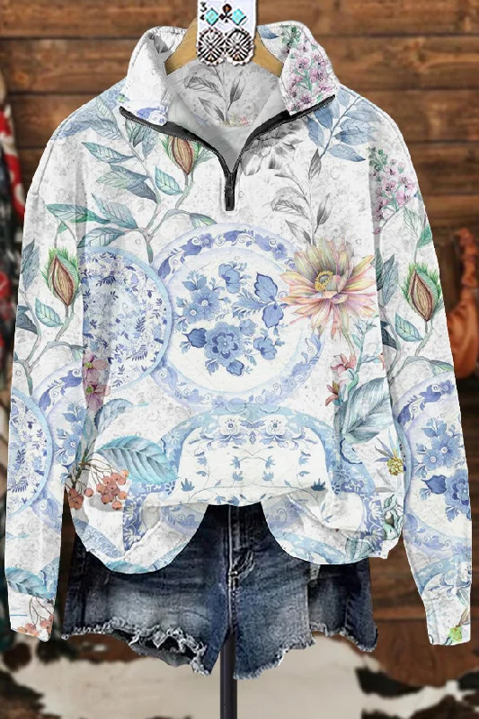 Elegant Contrast Floral Print Sweatshirt Hoodie with Contrast Stitching Detailed Premium