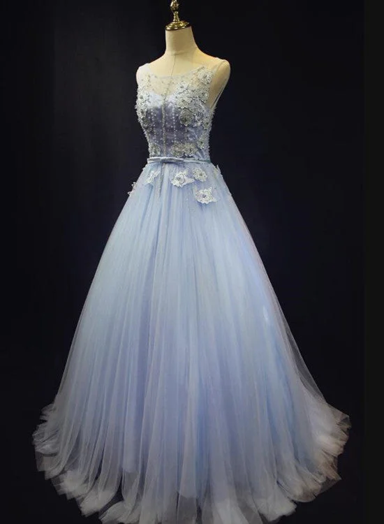 Light Blue Tulle Round Neckline Floor Length Party Dress , Blue Formal Gowns Tunics Winter warm