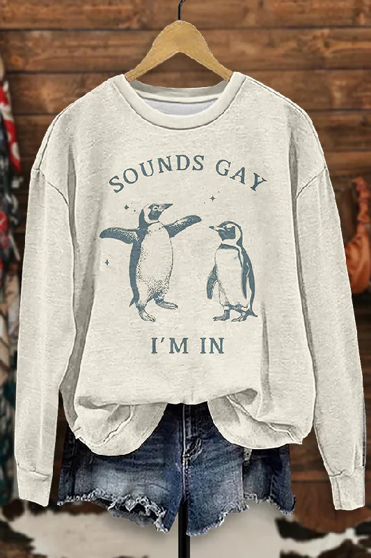 Cute Gay Penguin Sweatshirt Hoodie with Hem Raw Edge Edgy Unfinished