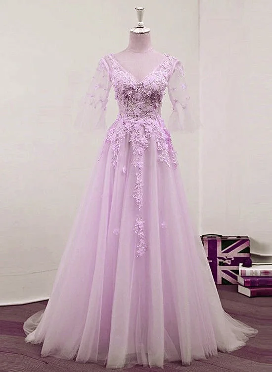 Light Purple Tulle V-neckline Lace Applique New Prom Dress 2021, Lavender Party Dress Tunics Summer linen