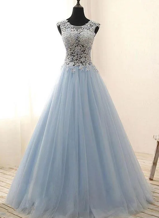 Light Blue Tulle with Lace Floor Length Party Dress, Blue Prom Dress Tunics Bridal satin