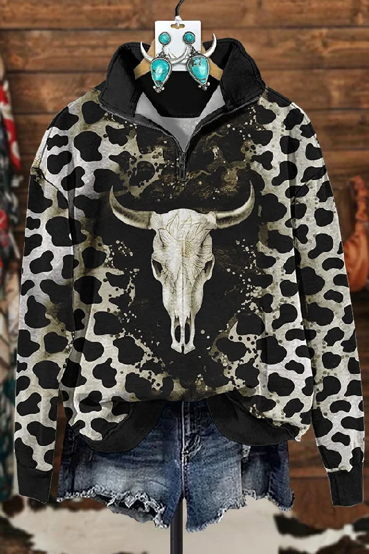 Western Cow Head Zipper Sweatshirt Hoodie with Ribbed Hem Stretchable Secure