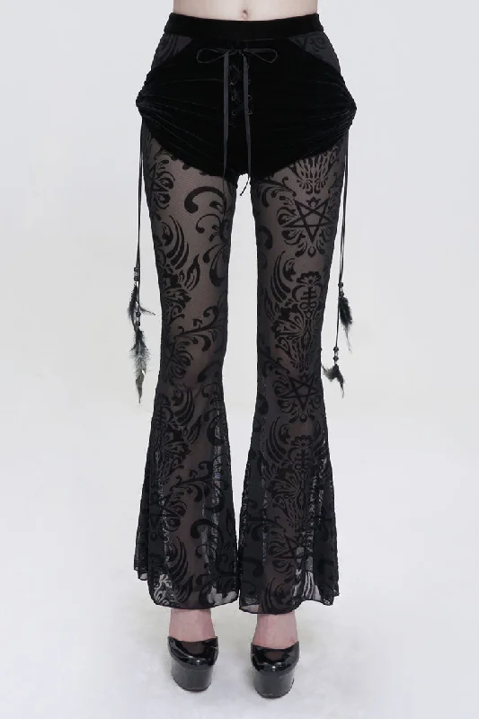 Black Flocking Mesh Side Hanging Feather Pendant Fake Two-Piece Long Women's Gothic Flared Pants Elegant Wool Trousers