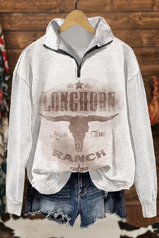 Cozy Western Cowboys Longhorn Print Sweatshirt Hoodie with Ribbed Neckline Snug Warm
