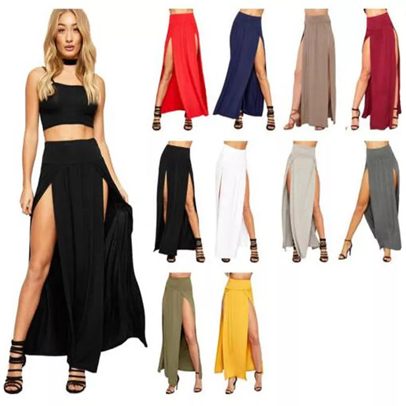 HighWaisted  Double Slits Solid Long Maxi Skirt pleated skirt texture