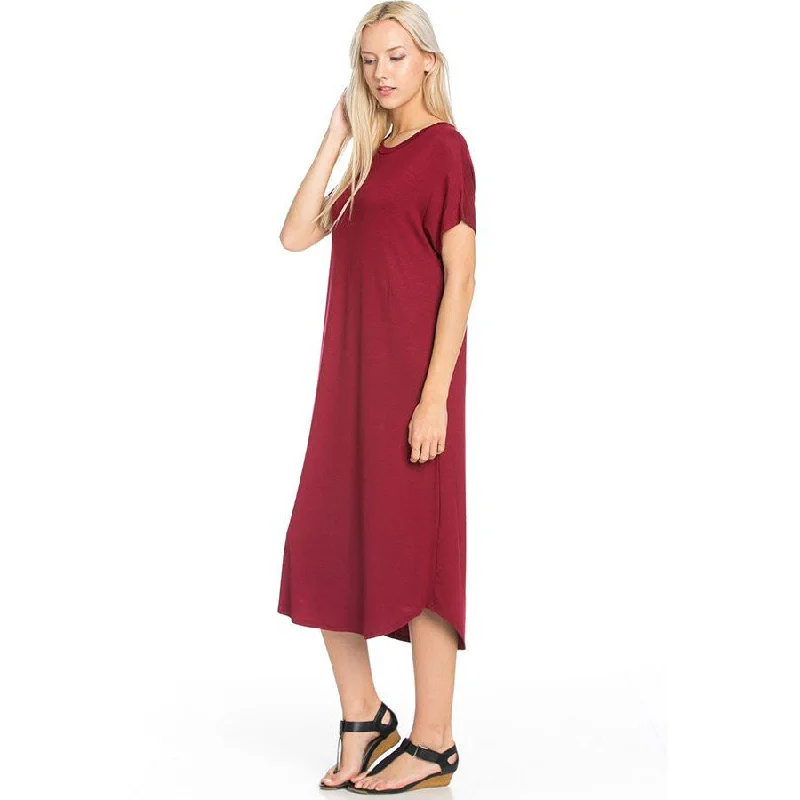 Midi Comfy Dress in Wine Boatneck Modish Everyday