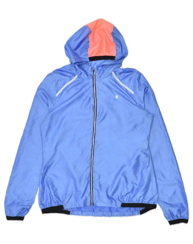 CHAMPION Womens Hooded Rain Jacket UK 16 Large Blue Polyester Rayon Fabric Velvet Fabric Corduroy Fabric