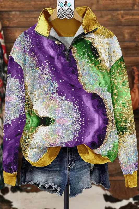 Elegant Contrast Mardi Gras Sweatshirt Hoodie with Cropped Fit Short Trendy