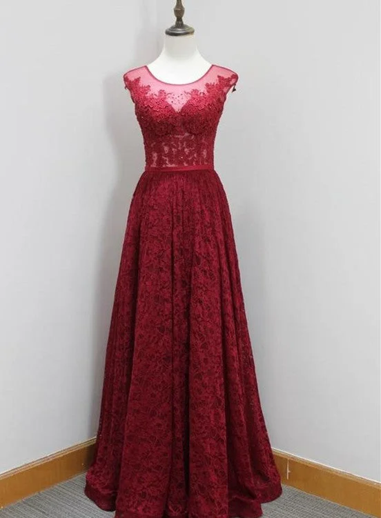 Burgundy Lace Elegant Long Formal Dress, Lace Party Dress, Formal Dress Tunics Chinos classic