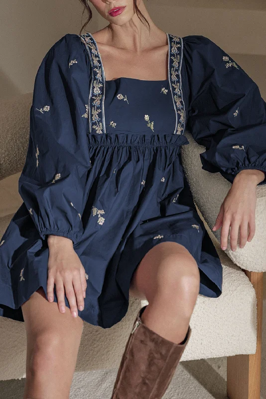 Blue Zone Planet |  Blue Floral Embroidered Puff Sleeve Babydoll Dress Tunics Formal black