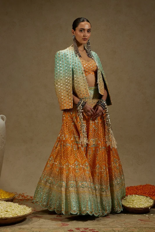 ORANGE BLUE EMBELLISHED NOOR JACKET PAIRED WITH EMBELLISHED BUSTIER AND OMBRE EMBELLISHED LEHENGA Striped Jacket Polka Dot Jacket Floral Jacket