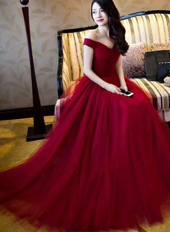 Elegant Tulle Off-The-Shoulder Burgundy Tulle Prom/Evening Dress, Lace-Up Party Dresses, Sweetheart Formal Dresses Tunics Canvas sturdy