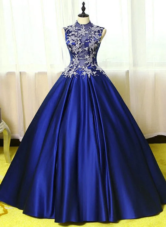 Royal Blue Satin Long Party Dress, Blue Formal Gowns, Prom Gowns Tunics Lace romantic
