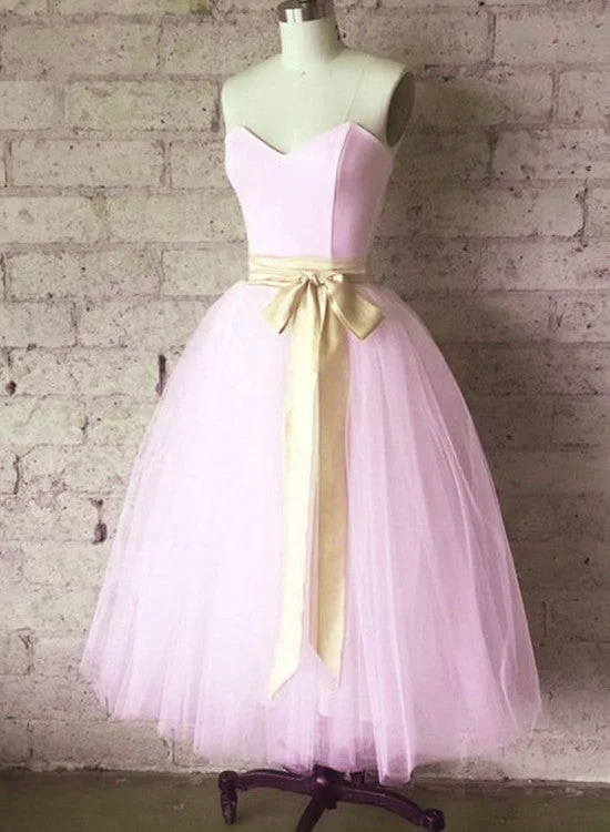 Elegant Light Pink Tulle Tea Length Wedding Party Dress with Belt, Charming Formal Gowns, Formal Dress Tunics Long Elegant