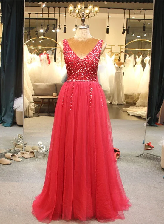 Beautiful Red Tulle Long Prom Dress, A-line Beaded Party Dress Tunics Versatile stylish