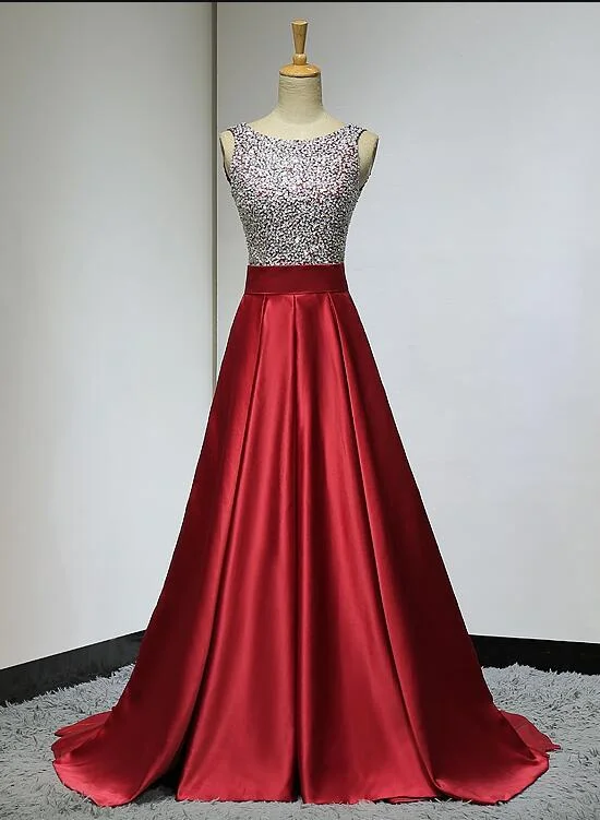 Red Sequins Beaded Backless Long Formal Dress, Red Party Dress Tunics Luxurious premium