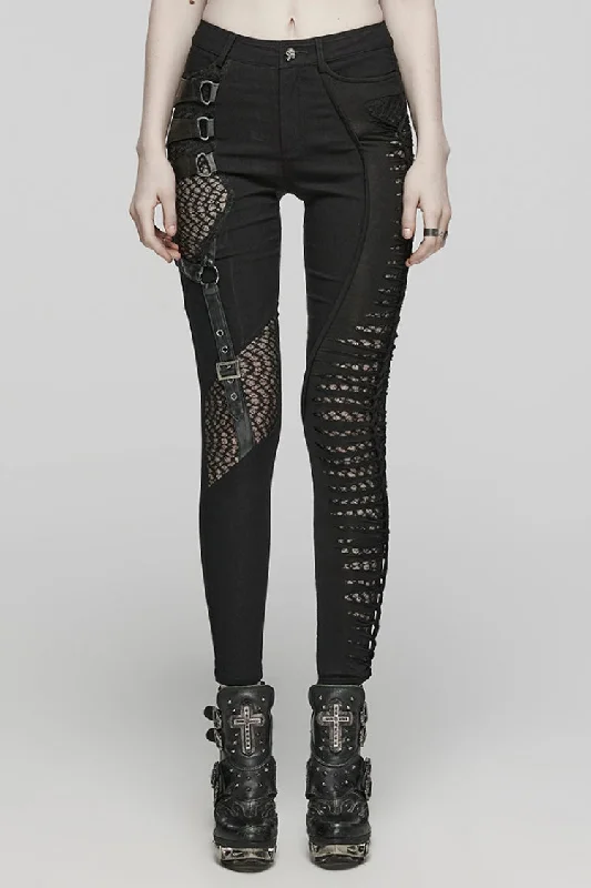 Black Hollow Decoration Mesh Asymmetric Women's Steampunk Pants Cozy Fitted Pants