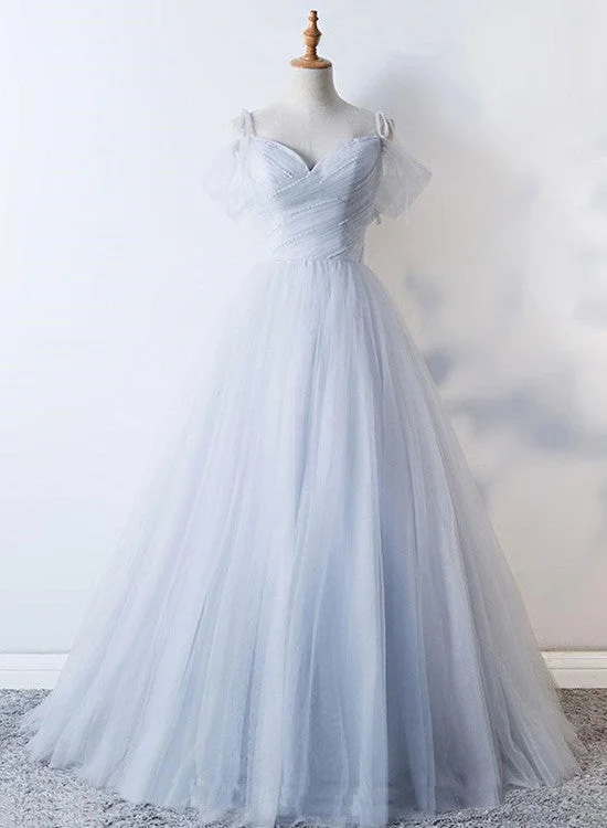 Gorgeous Light Grey Tulle Straps Beaded Party Dress, Grey Cute Long Formal Dress Tunics Cozy soft