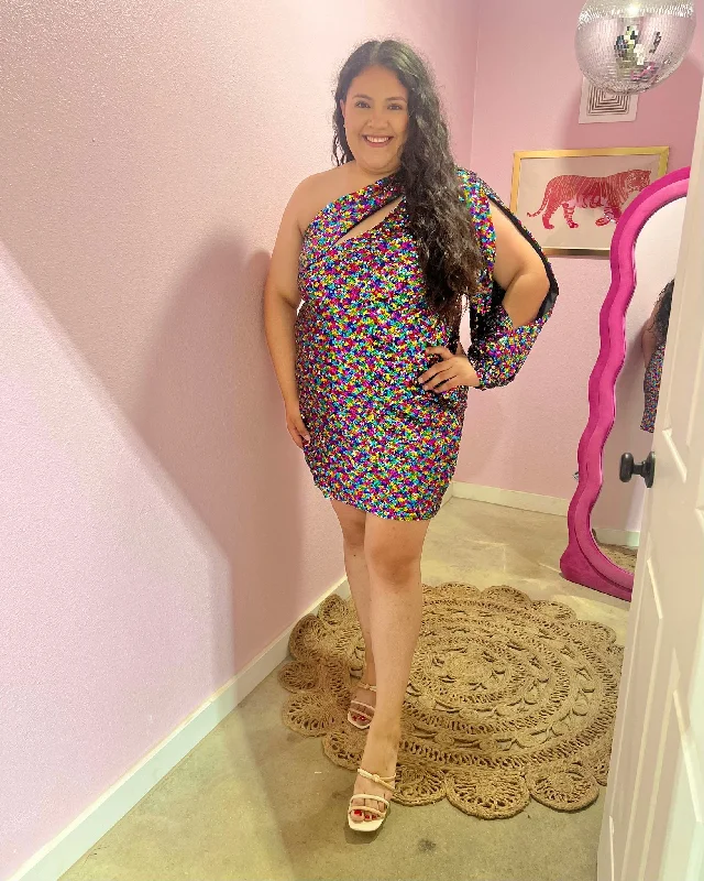 Plus Multi Sequin Dress w/ One Shoulder & Back Zipper Tunics Recommended stylist
