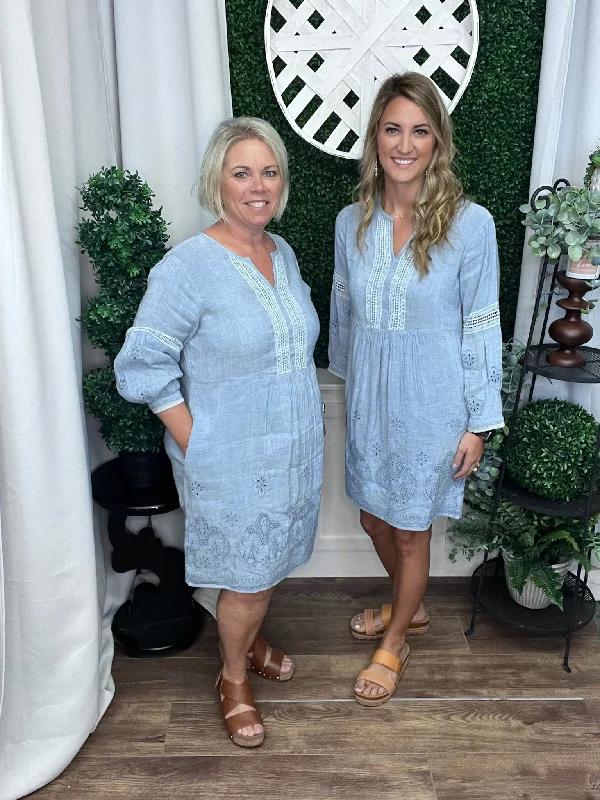 EMBROIDERED EASY FIT DRESS - HEATHER BLUE Tunics Business professional