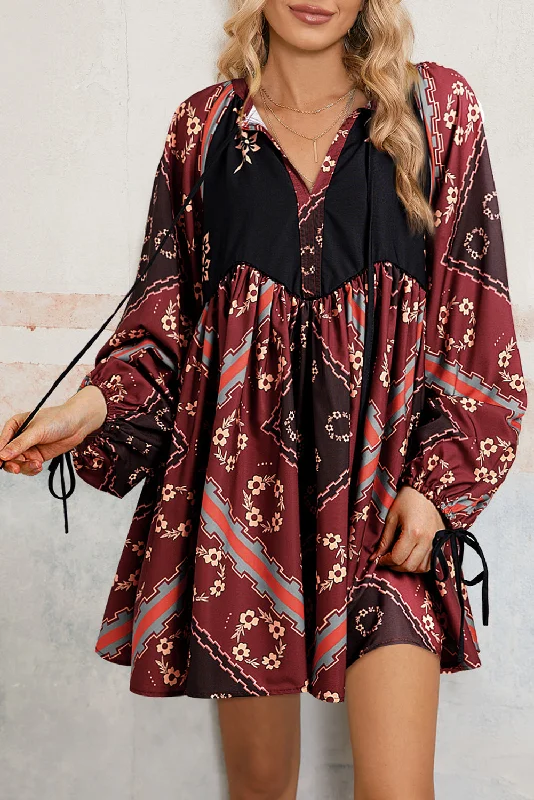 Blue Zone Planet |  Red Boho Floral Geometric Short Sleeve V-Neck Tie Dress Tunics Occasion special