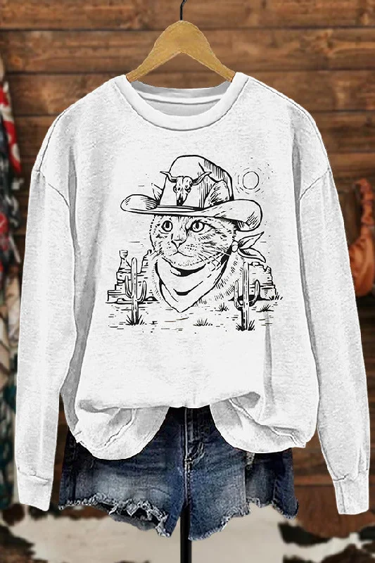 Vintage Cowboy Cat Sweatshirt Hoodie with Pastel Soft Subtle