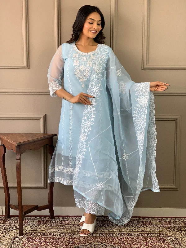 Women V Neck Embroidered Work Organza Fabric Kurta & Pant With Dupatta Set - Taantav Comfortable Wide-Leg Pants