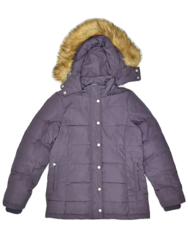 CREW CLOTHING Womens Hooded Padded Jacket UK 10 Small Purple Polyester Welt Pockets Slit Pockets Flap Pockets