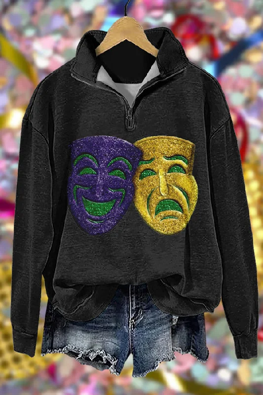 Shiny Mardi Gras Print Sweatshirt Hoodie with Embroidery Detailed Premium