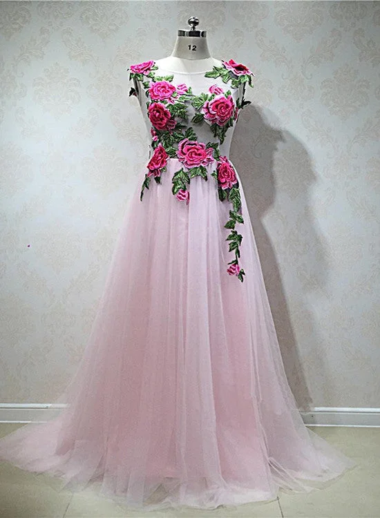 Gorgeous Pink Tulle Flowers Embroidery Long Party Dresses, Pink Formal Gowns, Prom Dresses Halter Neckline Beach