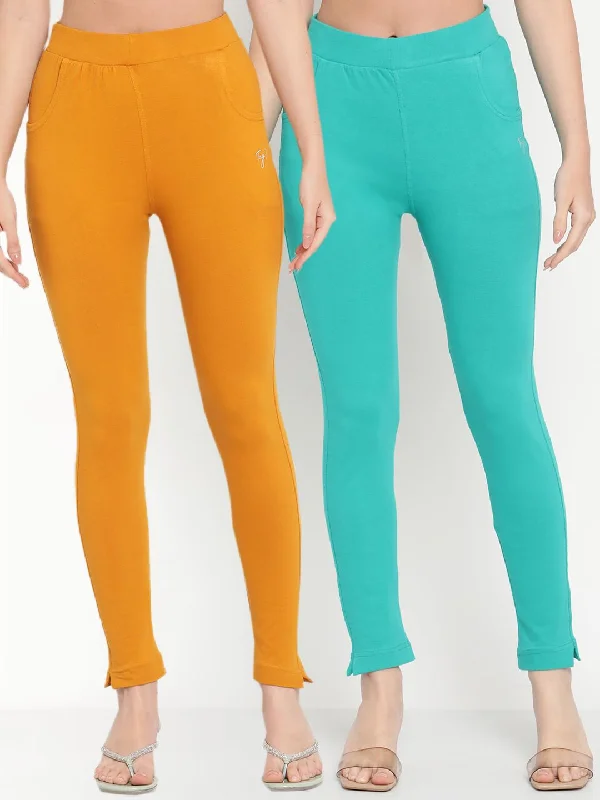 TAG 7 Women Pack of 2 Mustard Yellow & Turquoise Blue Solid Kurti Pants High-Waist Jogger Pants