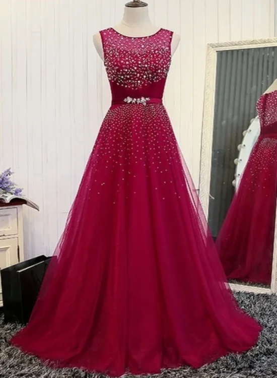 Charming Wine Red Beaded Sparkle Long Party Dress, A-line Tulle Prom Dress Tunics Top rated
