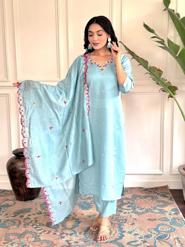 Women V Neck Embroidered Work Chanderi Viscose Fabric Kurta & Pant With Dupatta Set - Taantav Comfortable Jogging Pants