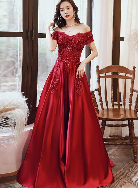 Red Satin Short Sleeves with Lace Applique A line Formal Dress, Red Evening Gown Party Dress Tunics Modern contemporary