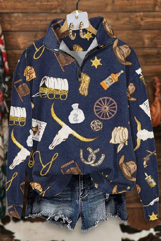 Vintage Western Longhorn Print Zip-Up Sweatshirt Hoodie with Back Slit Movement Comfort