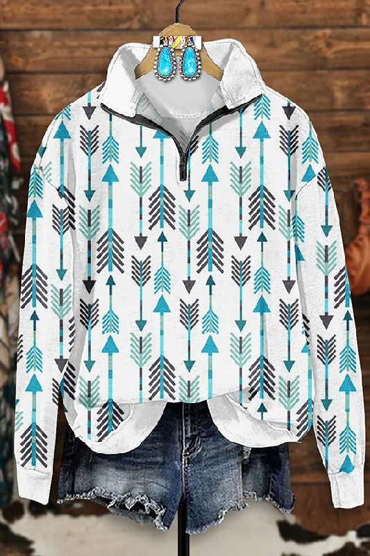 Retro Western Aztec Arrow Print Zip-Up Sweatshirt Hoodie with Hem Raw Edge Edgy Unfinished
