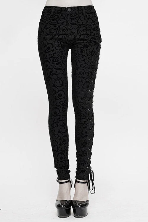 Black Gothic Flocking Patterned Laced Up Asymmetrical Side Womens Pants Trendy Palazzo Pants