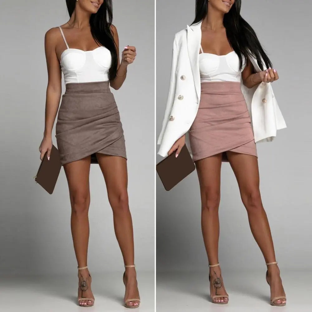 Chic Mini Skirt Colorfast Bodycon Skirt Zipper Closure Office Lady Sexy Pleated Suede Pencil Short Skirt  Versatile leather skirt durable