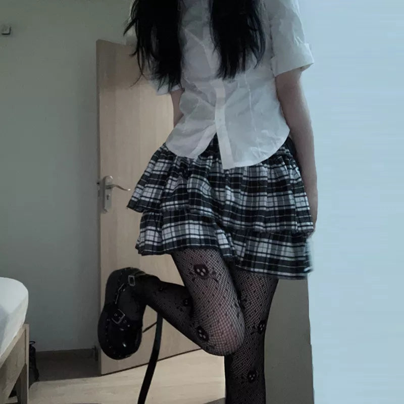 Y2k Girl Elastic Waist Black White Striped Goth Street Skirt wool skirt thick